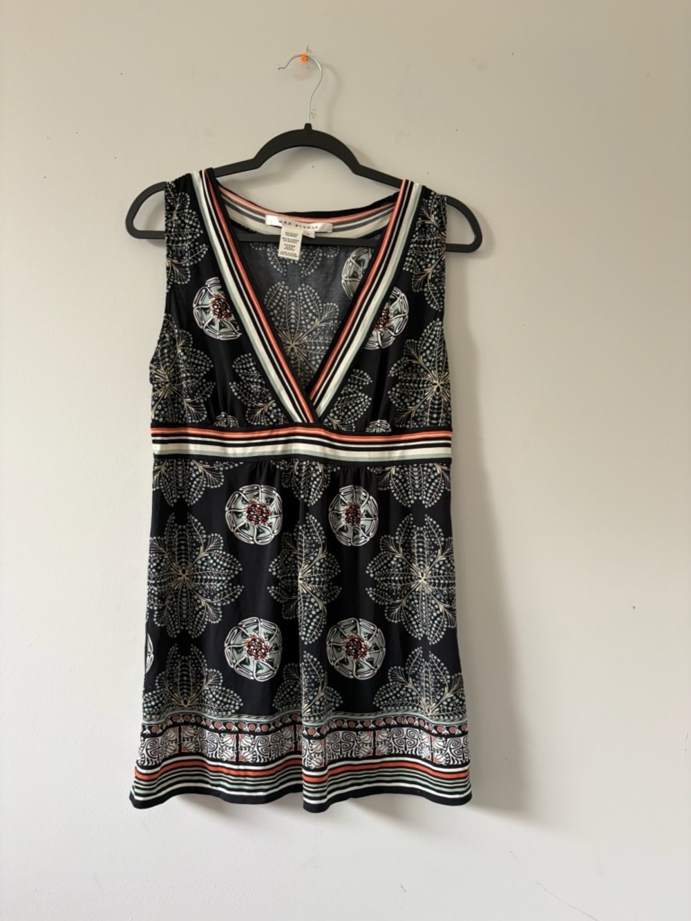Max Studio Sleeveless V-Neck Printed Black Dress with Stripe Trim